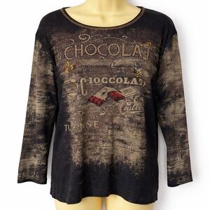 Y2K Cactus Graphic Tee Rhinestone Chocolate Print 3/4 Sleeve XL